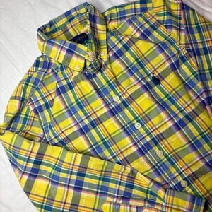 Ralph Lauren Boys Yellow Blue Plaid Button Down Shirt Sz S 8 Long Sleeve Cotton